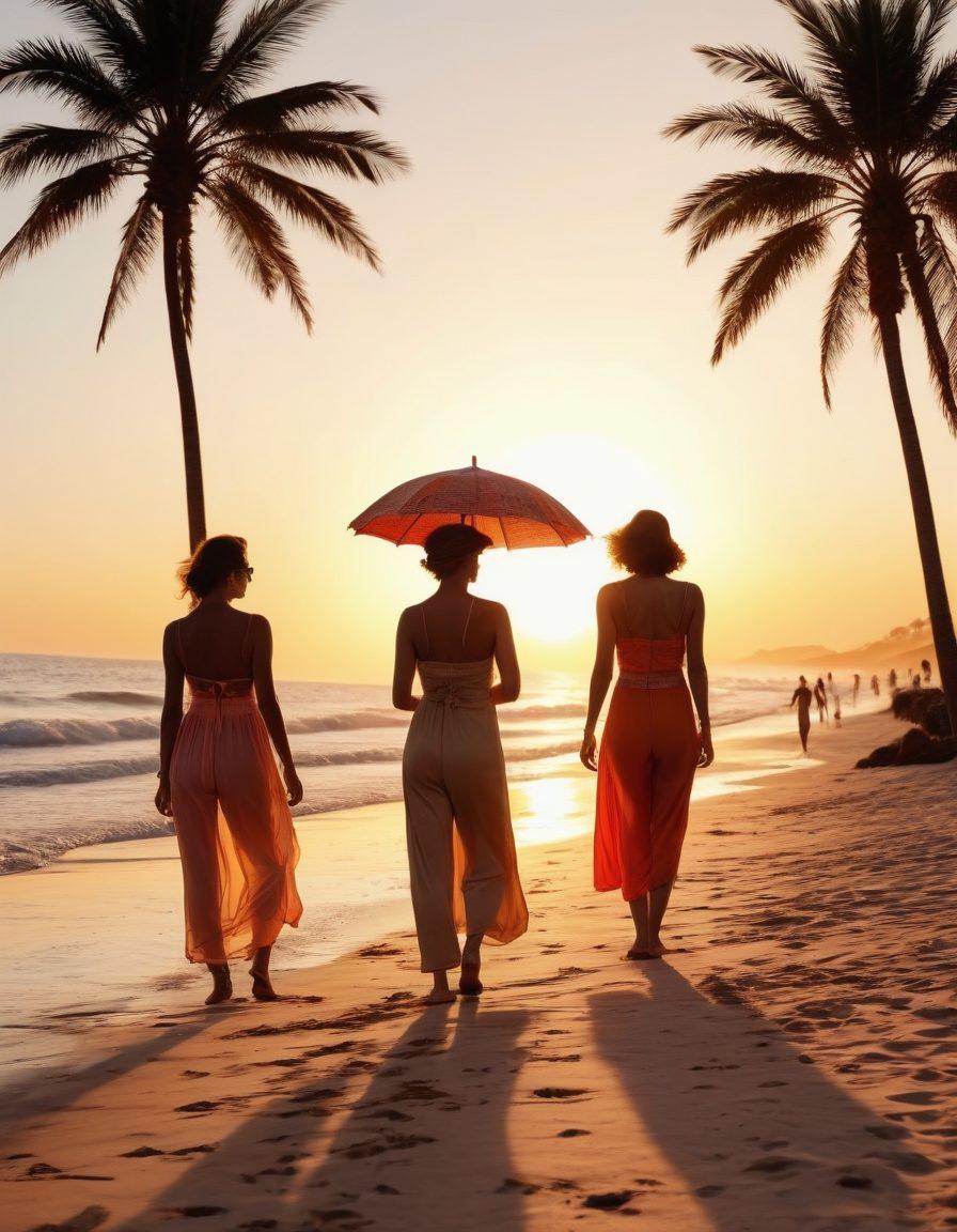 A vibrant beach scene showcasing a diverse group of stylish individuals dressed in eclectic beach fashion, embodying elements of gay culture. The backdrop features a stunning sunset over the ocean, with palm trees swaying and colorful beach umbrellas dotting the shore. Incorporate elements of film, such as a vintage camera and film reel in the sand, intermingled with seashells and beach accessories. The atmosphere should radiate joy, acceptance, and creativity. super-realistic. vibrant colors. sunset ambiance.